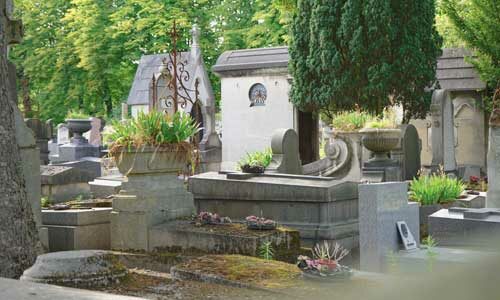 un cimetière dans une petite ville à côté de quelques arbres