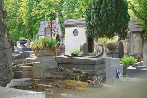 un cimetière dans une petite ville à côté de quelques arbres